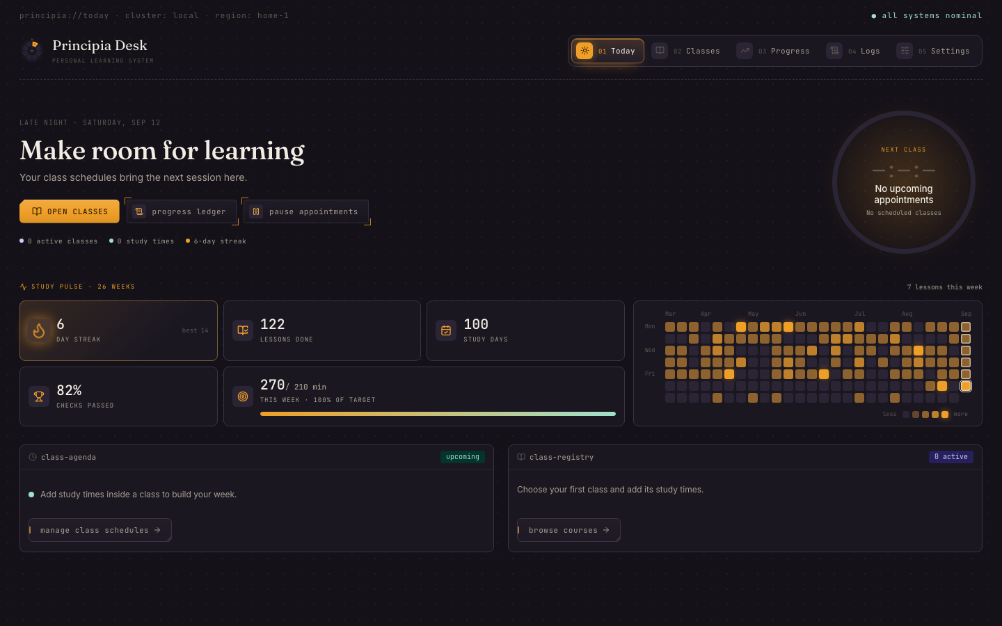 The Today page of Principia Desk: a countdown ring to the next class, the study pulse with a streak and a half-year contribution map, and the class agenda